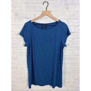 Eileen Fisher Boat Neck Top Womens L Blue Short Sleeve Stretch Jersey Knit Tee